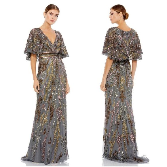 NEW Mac Duggal Cape Sleeve Embellished Evening Gown Maxi Dress Charcoal Size 8 - Picture 1 of 16